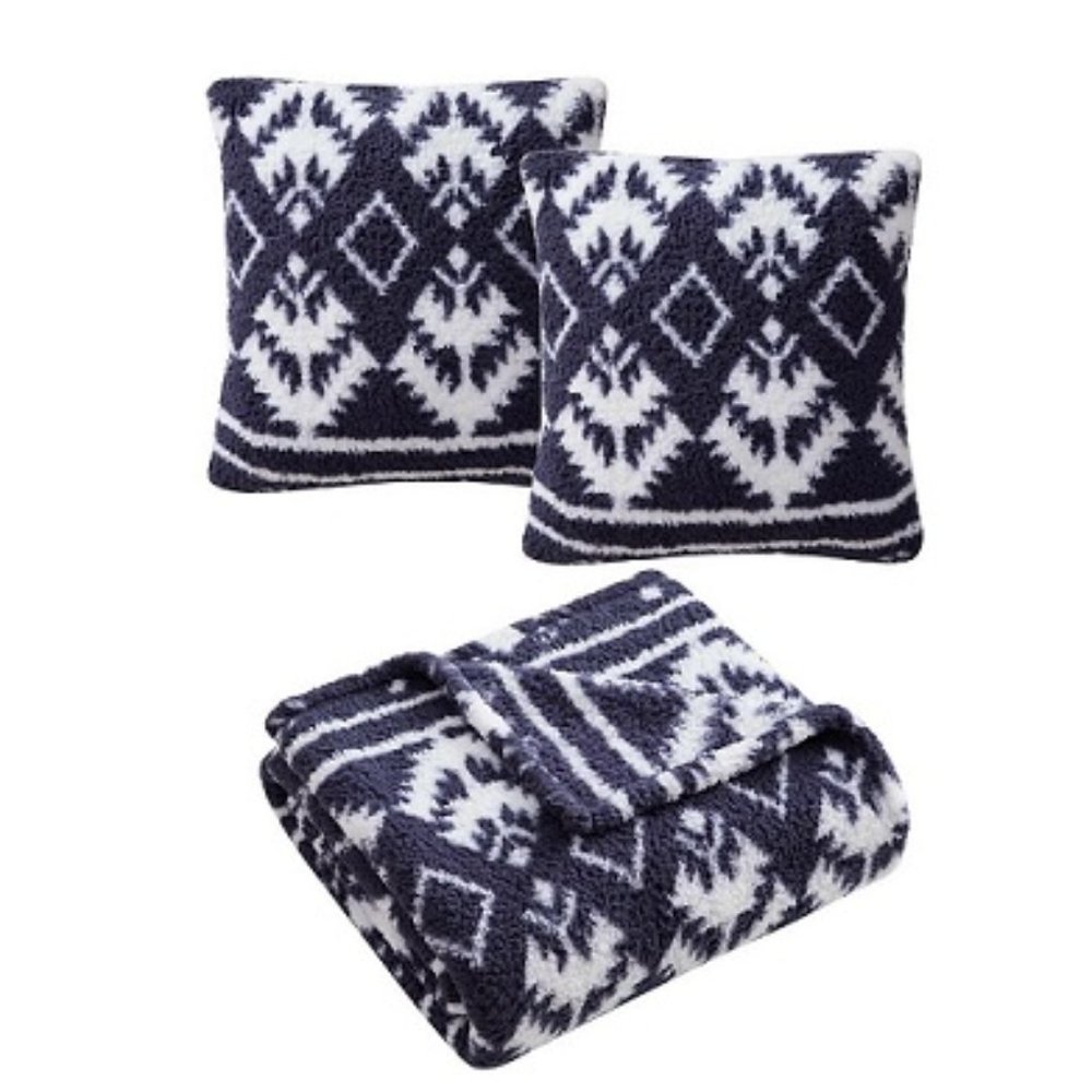 Birch Trail Navy Fair Isle 3-Pack Decorative Pillows & Throw Set NWT